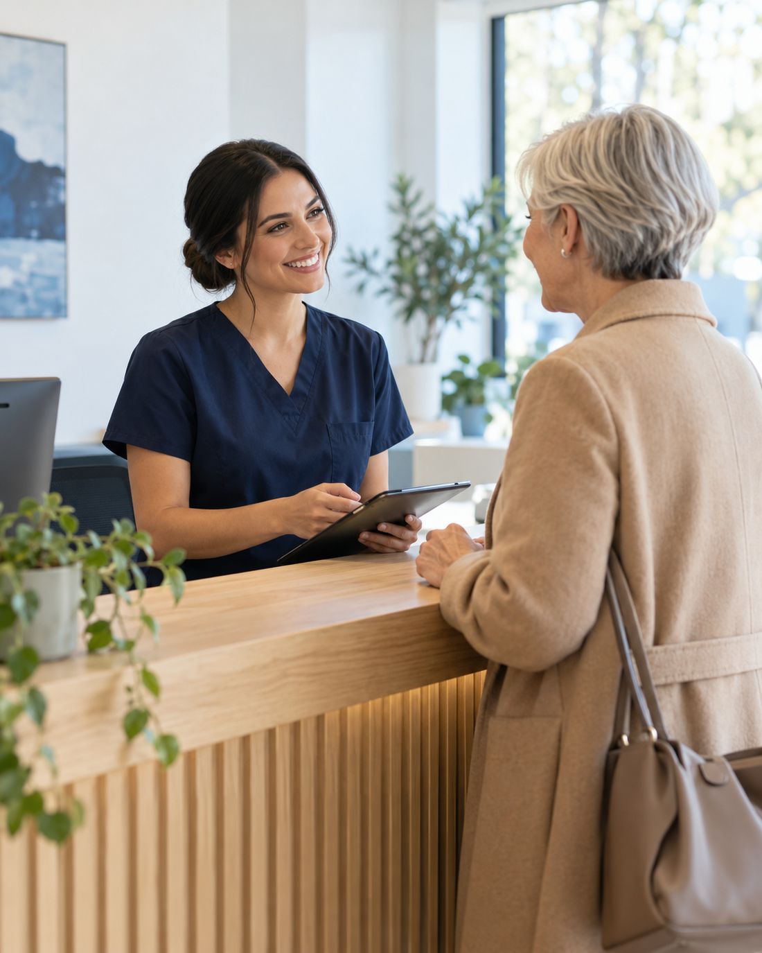 A dental receptionist smiles as she helps a patient at the front desk