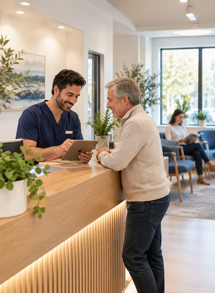 A receptionist checks in a patient on a tablet while another patient waits in the lobby