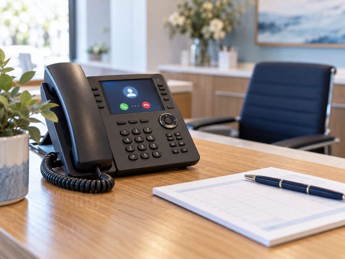The front desk phone rings with an incoming call