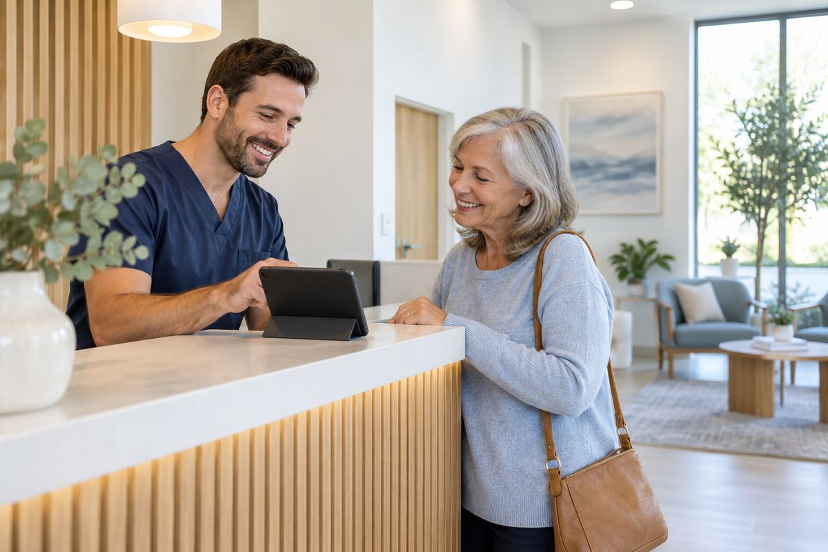 A receptionist in navy scrubs helps a patient check in at the front desk