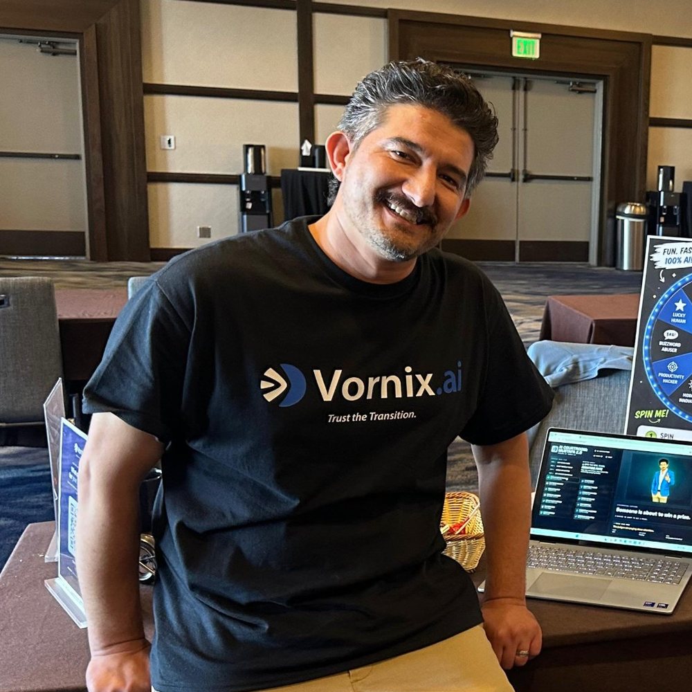 Mustafa Sharifi, founder of Vornix.ai, at a Vornix booth in San Diego.